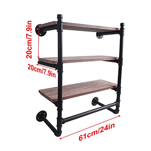 lesolar Industrial Pipe Clothing Rack Wall Mounted with Top Shelf,3-Tier Rustic Retail Garment Rack Display Rack,Pipe Shelving Floating Shelves Wall Shelf,24in Steam Punk Commercial Clothes Racks