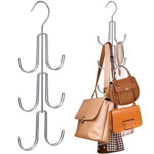 2pack purse hanger organizer for closet handbag silver metal holder, hanging closet organization storage scarves, men's ties, women's shawls, backpacks, belts, accessories, clothes (silver)