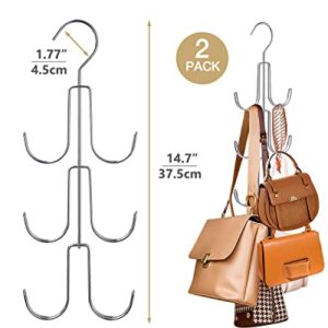 2Pack Purse Hanger Organizer for Closet Handbag Silver Metal Holder, Hanging Closet Organization Storage Scarves, Men's Ties, Women's Shawls, Backpacks, Belts, Accessories, Clothes (Silver)