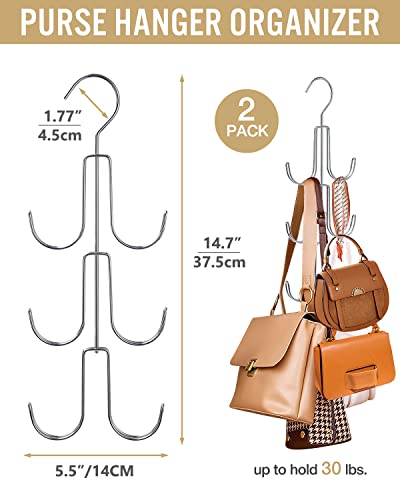 2Pack Purse Hanger Organizer for Closet Handbag Silver Metal Holder, Hanging Closet Organization Storage Scarves, Men's Ties, Women's Shawls, Backpacks, Belts, Accessories, Clothes (Silver)