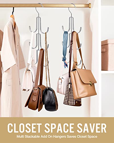 2Pack Purse Hanger Organizer for Closet Handbag Silver Metal Holder, Hanging Closet Organization Storage Scarves, Men's Ties, Women's Shawls, Backpacks, Belts, Accessories, Clothes (Silver)