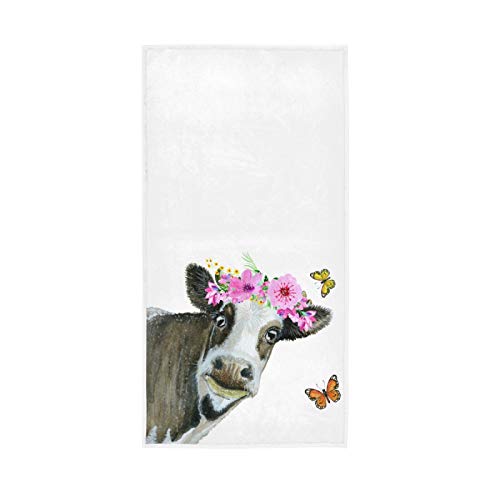 ZZAEO Towel Hand Towel, 30 x 15 inch Thin Lightweight Soft Fingertip Towel for Bathroom Decor (Cow with Floral Wreath)