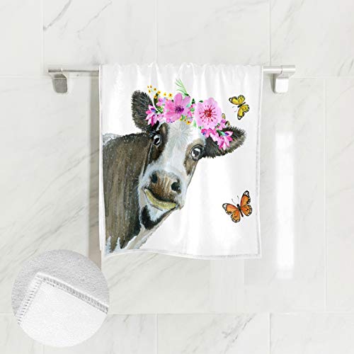 ZZAEO Towel Hand Towel, 30 x 15 inch Thin Lightweight Soft Fingertip Towel for Bathroom Decor (Cow with Floral Wreath)