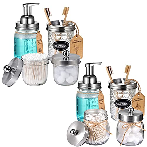 Amolliar 4pcs & 4pcs Brushed Nickel Mason Jar Bathroom Accessories Set - 2 Foaming Soap Dispenser&2 Qtip Holders&2 Cotton Swab Holder&2 Toothbrush Holder-Rustic Farmhouse Decor