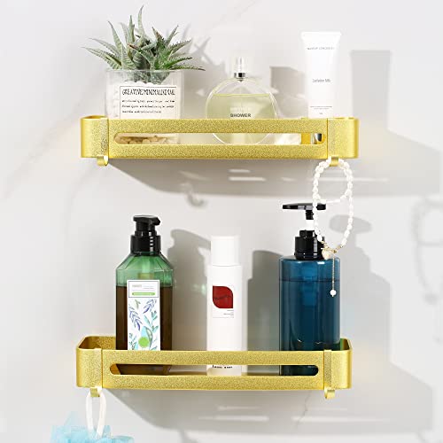 maifey Bright Gold Shower Caddy, Bathroom Shelves Wall Mounted, Metal Shower Shelves No Drilling, Shower Organizer Adhesive Installation, Antirust (2 Tiers)