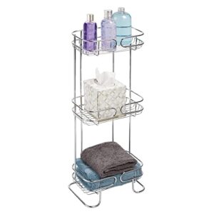 mdesign rectangular metal bathroom shelf unit - free standing vertical storage for organizing and storing hand towels, body lotion, facial tissues, bath salts - 3 shelves - chrome