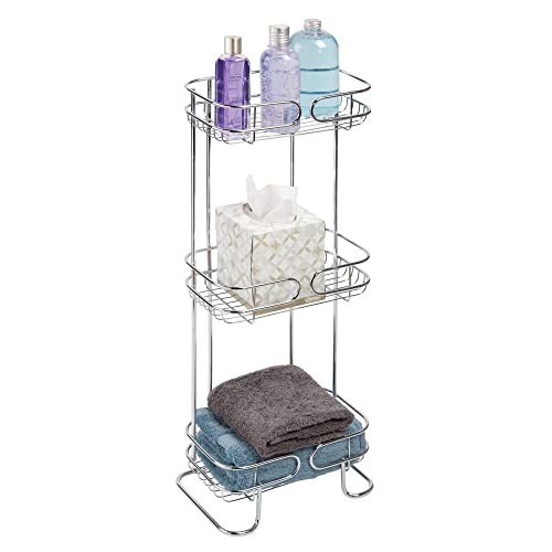 mDesign Rectangular Metal Bathroom Shelf Unit - Free Standing Vertical Storage for Organizing and Storing Hand Towels, Body Lotion, Facial Tissues, Bath Salts - 3 Shelves - Chrome