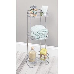 mDesign Rectangular Metal Bathroom Shelf Unit - Free Standing Vertical Storage for Organizing and Storing Hand Towels, Body Lotion, Facial Tissues, Bath Salts - 3 Shelves - Chrome