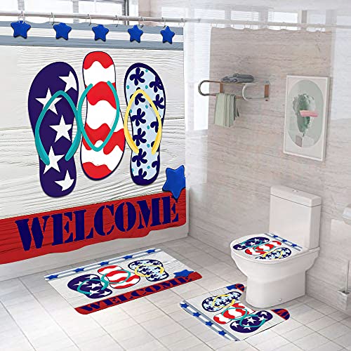 HEDYBARD 4 Pcs Red Blue Star Shower Curtain Set, Beach Themed Art Print of US Flag with Shower Curtain, Non-Slip Soft Flannel Rugs, Toilet Lid Cover, Bath Mat and 12 Hooks for Home Decorations