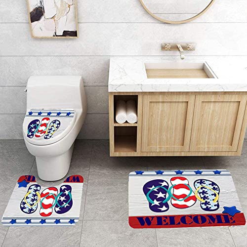 HEDYBARD 4 Pcs Red Blue Star Shower Curtain Set, Beach Themed Art Print of US Flag with Shower Curtain, Non-Slip Soft Flannel Rugs, Toilet Lid Cover, Bath Mat and 12 Hooks for Home Decorations