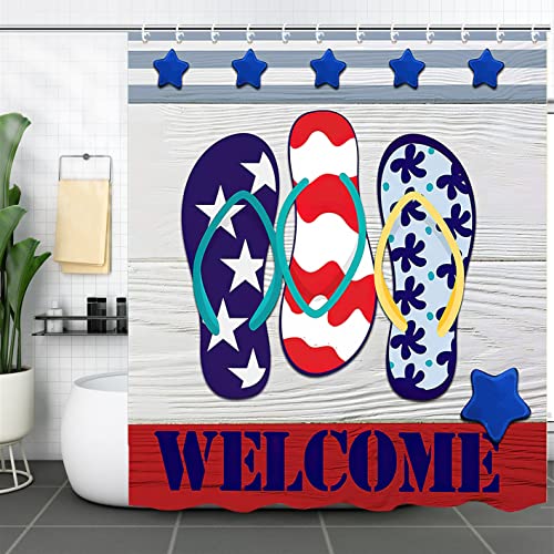 HEDYBARD 4 Pcs Red Blue Star Shower Curtain Set, Beach Themed Art Print of US Flag with Shower Curtain, Non-Slip Soft Flannel Rugs, Toilet Lid Cover, Bath Mat and 12 Hooks for Home Decorations