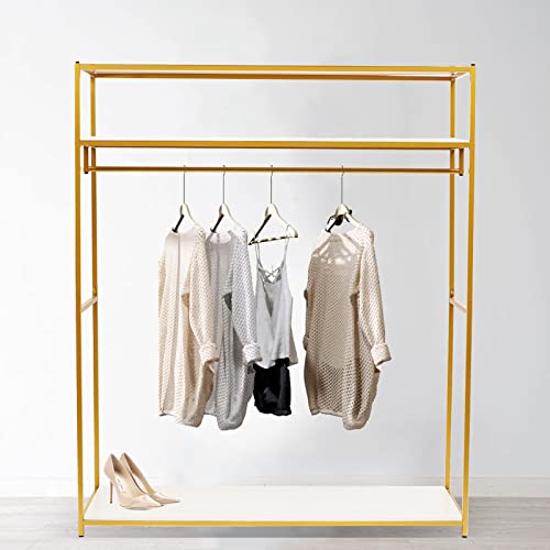 GDAE10 1.8m Height Gold Garment Rack with Three-tiers Wood Board Stand Iron Wedding Dress Bridal Garment Rack Dress Display Stand Floor Hanger Storage Rack for Home Wedding Clothing Store