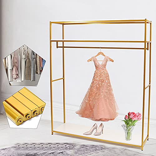 GDAE10 1.8m Height Gold Garment Rack with Three-tiers Wood Board Stand Iron Wedding Dress Bridal Garment Rack Dress Display Stand Floor Hanger Storage Rack for Home Wedding Clothing Store