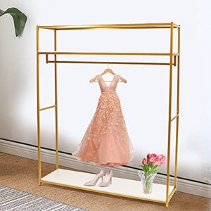 GDAE10 1.8m Height Gold Garment Rack with Three-tiers Wood Board Stand Iron Wedding Dress Bridal Garment Rack Dress Display Stand Floor Hanger Storage Rack for Home Wedding Clothing Store