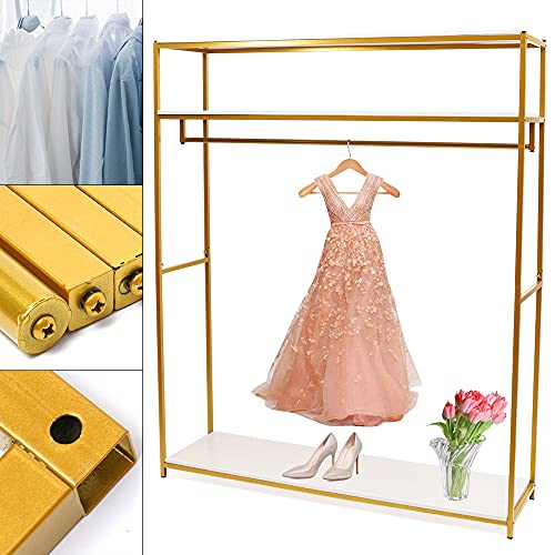 GDAE10 1.8m Height Gold Garment Rack with Three-tiers Wood Board Stand Iron Wedding Dress Bridal Garment Rack Dress Display Stand Floor Hanger Storage Rack for Home Wedding Clothing Store