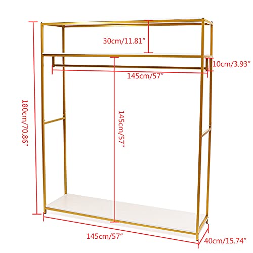 GDAE10 1.8m Height Gold Garment Rack with Three-tiers Wood Board Stand Iron Wedding Dress Bridal Garment Rack Dress Display Stand Floor Hanger Storage Rack for Home Wedding Clothing Store