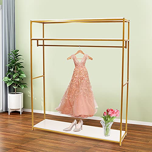 GDAE10 1.8m Height Gold Garment Rack with Three-tiers Wood Board Stand Iron Wedding Dress Bridal Garment Rack Dress Display Stand Floor Hanger Storage Rack for Home Wedding Clothing Store