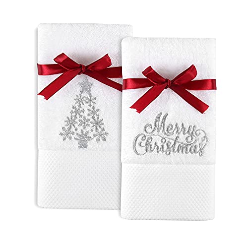 2 Pack Christmas Hand Towels 100% Cotton Embroidered Premium Luxury Decor Bathroom Decorative Dish Towels Set for Drying, Cleaning, Cooking, Holiday Towels Gift Set 13.7'' x 29.5''