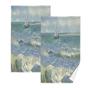 van gogh sailboat hand towels set of 2, highly absorbent soft cotton face towels bathroom decorative towel for beach gym spa shower, 16x28in