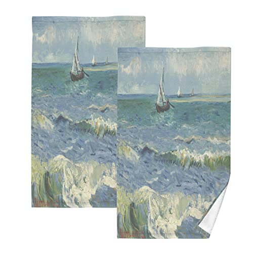 Van Gogh Sailboat Hand Towels Set of 2, Highly Absorbent Soft Cotton Face Towels Bathroom Decorative Towel for Beach Gym Spa Shower, 16x28In