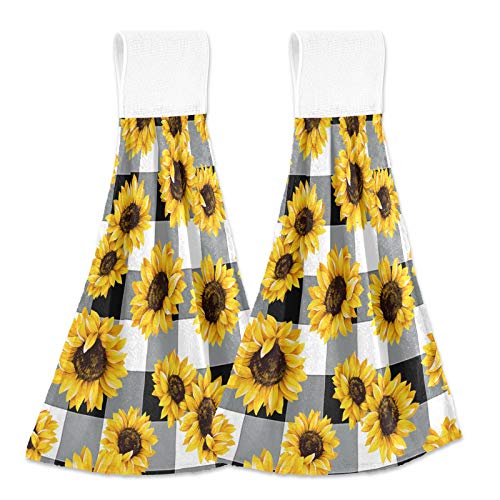 Sunflower Pattern Hanging Kitchen Towels 2 Pieces Spring Hand Bath Towels Black White Buffalo Plaid Dish Cloth Tie Towels for Tabletop Home