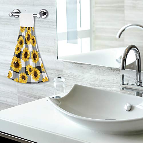 Sunflower Pattern Hanging Kitchen Towels 2 Pieces Spring Hand Bath Towels Black White Buffalo Plaid Dish Cloth Tie Towels for Tabletop Home