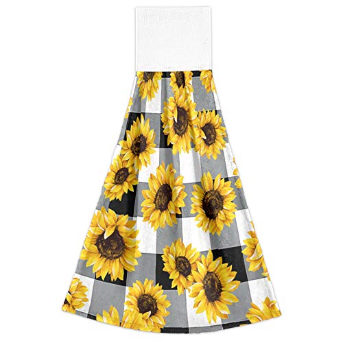 Sunflower Pattern Hanging Kitchen Towels 2 Pieces Spring Hand Bath Towels Black White Buffalo Plaid Dish Cloth Tie Towels for Tabletop Home