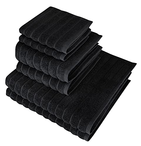 Classic Turkish Towels - Luxury Ribbed Towel Set for Bathroom, 100% Turkish Cotton, Quick Dry, Soft and Absorbent Bath, Hand, and Fingertip Towels, Brampton Collection - 6-Piece Set (Black)