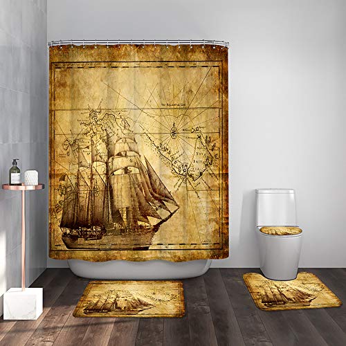 LyerArtork 4Pcs Nautical Map Shower Curtain Sets with Non-Slip Rug Toilet Lid Cover and Bath Mat Vintage Ocean Map Bathroom Curtain Retro Brown Bath Accessories with 12 pcs Hooks