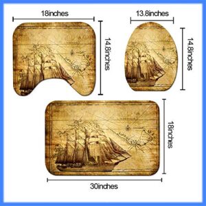 LyerArtork 4Pcs Nautical Map Shower Curtain Sets with Non-Slip Rug Toilet Lid Cover and Bath Mat Vintage Ocean Map Bathroom Curtain Retro Brown Bath Accessories with 12 pcs Hooks