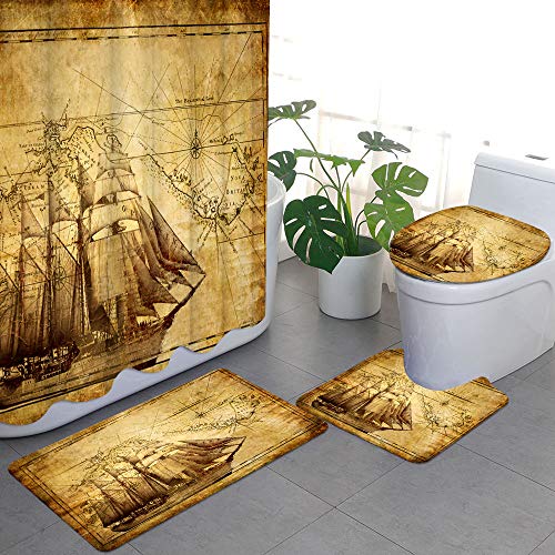 LyerArtork 4Pcs Nautical Map Shower Curtain Sets with Non-Slip Rug Toilet Lid Cover and Bath Mat Vintage Ocean Map Bathroom Curtain Retro Brown Bath Accessories with 12 pcs Hooks