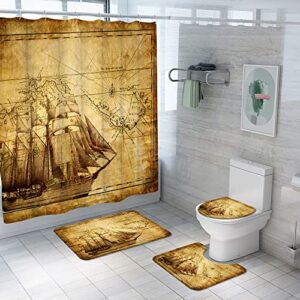 LyerArtork 4Pcs Nautical Map Shower Curtain Sets with Non-Slip Rug Toilet Lid Cover and Bath Mat Vintage Ocean Map Bathroom Curtain Retro Brown Bath Accessories with 12 pcs Hooks