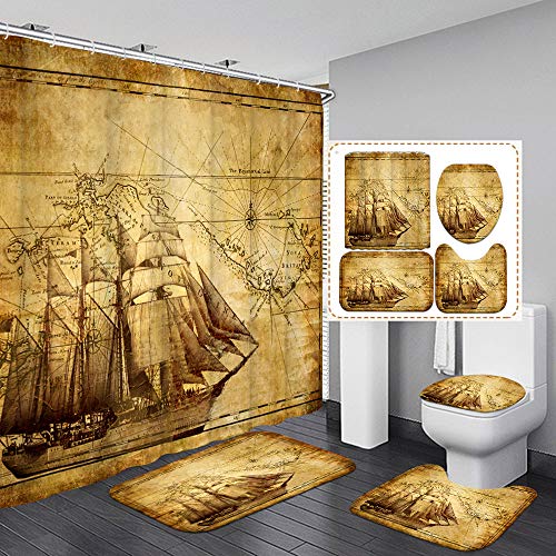 LyerArtork 4Pcs Nautical Map Shower Curtain Sets with Non-Slip Rug Toilet Lid Cover and Bath Mat Vintage Ocean Map Bathroom Curtain Retro Brown Bath Accessories with 12 pcs Hooks