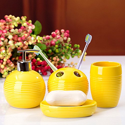 YOURNELO Simple Ceramic Toothbrush Holder, Soap Dispenser, Soap Dish, Tumbler (Yellow)