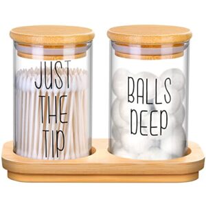 funny qtip holder dispenser 2 pack glass apothecary jars bathroom canisters with tray, cotton ball qtip holder bathroom set with bamboo lids for cotton swab farmhouse bathroom storage organization