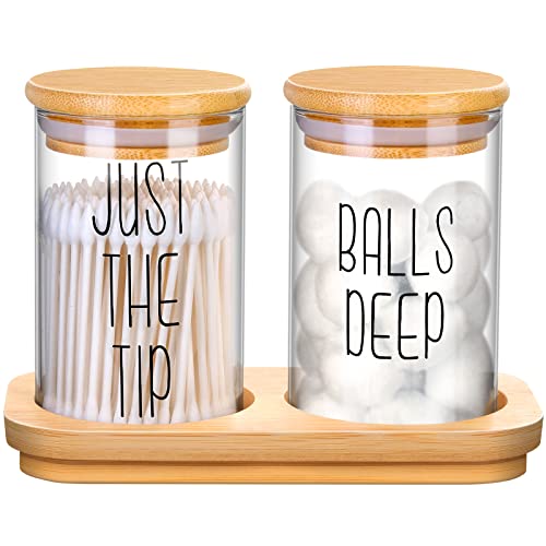 Funny Qtip Holder Dispenser 2 Pack Glass Apothecary Jars Bathroom Canisters with Tray, Cotton Ball Qtip Holder Bathroom Set with Bamboo Lids for Cotton Swab Farmhouse Bathroom Storage Organization