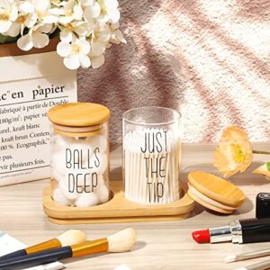 Funny Qtip Holder Dispenser 2 Pack Glass Apothecary Jars Bathroom Canisters with Tray, Cotton Ball Qtip Holder Bathroom Set with Bamboo Lids for Cotton Swab Farmhouse Bathroom Storage Organization