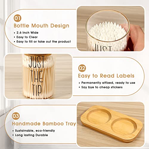 Funny Qtip Holder Dispenser 2 Pack Glass Apothecary Jars Bathroom Canisters with Tray, Cotton Ball Qtip Holder Bathroom Set with Bamboo Lids for Cotton Swab Farmhouse Bathroom Storage Organization