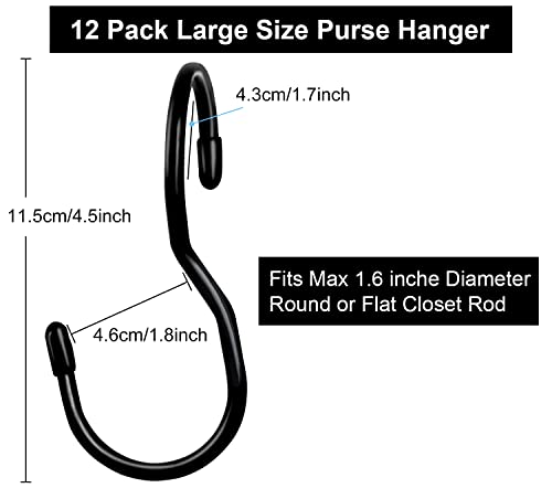 12 Pack Purse Hanger for Closet,Unique Twist Design Bag Hanger Purse Hooks, Large Size Closet Rod Hooks for Hanging Bags, Purses, Handbags, Belts, Scarves, Hats,Clothes, Pans and Pots (Black)