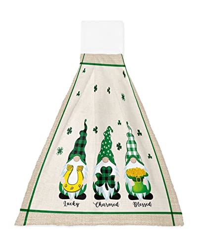 Kitchen Hanging Towel, Hand Towels with Loop Vintage Irish Lucky Gnome 1 Pack Soft Absorbent Tie Towel for Bathroom St. Patrick's Day Clovers on Chic Linen Tea Bar Dish Cloths Home Cleaning Terry