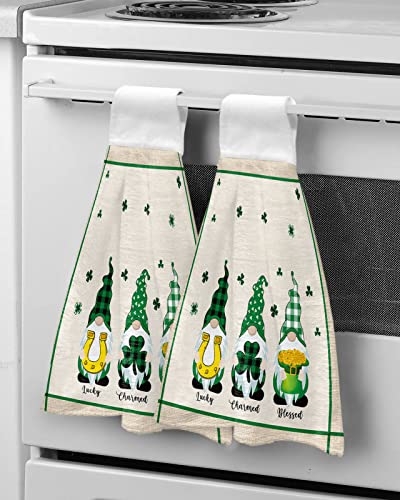 Kitchen Hanging Towel, Hand Towels with Loop Vintage Irish Lucky Gnome 1 Pack Soft Absorbent Tie Towel for Bathroom St. Patrick's Day Clovers on Chic Linen Tea Bar Dish Cloths Home Cleaning Terry