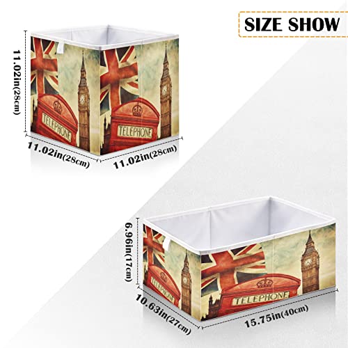 ALAZA Collapsible Storage Cubes Organizer,London Red Phone Booth Big Ben and The Union Jack Flag Storage Containers Closet Shelf Organizer with Handles for Home Office