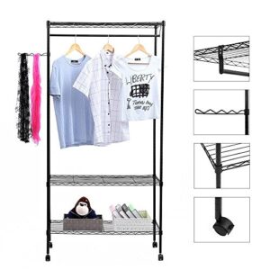 Knocbel Garment Rolling Rack Large Heavy Duty Closet Organizer with Adjustable Hanging Rod Shelf & Lockable Wheels, Black (2-Shelf (36x 18x H71) inch)