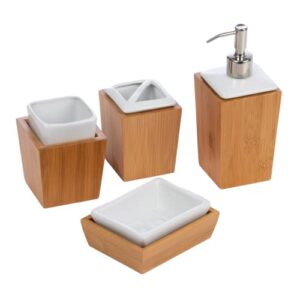 homiu bath set bamboo and porcelain, 4 piece soap dish, toothbrush holder, tumbler, liquid soap/ lotion dispenser, bathroom accessories modern design, white