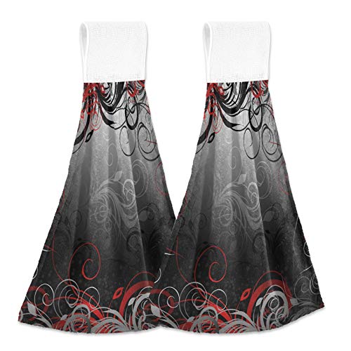 Oyihfvs Red Black Grey Floral Leaf Swirl Abstract Background 2 Pcs Hanging Kitchen Hand Towels, Hanging Tie Towels with Hook & Loop Dishcloths Sets, Decorative Absorbent Tea Bar Bath Hand Towel