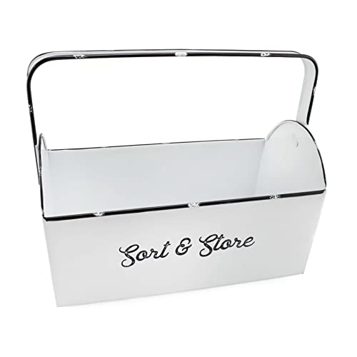 AuldHome Enamelware Rustic Caddy with Handle, Distressed White Farmhouse Sort and Store Carryall