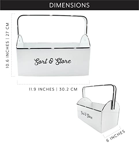 AuldHome Enamelware Rustic Caddy with Handle, Distressed White Farmhouse Sort and Store Carryall