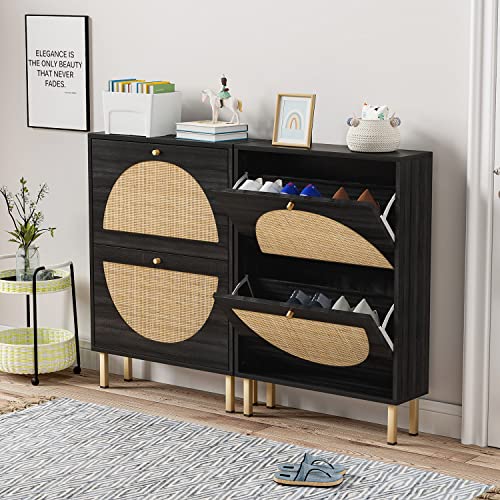 Angel Sar Rattan Shoe Cabinet with 2 Flip Drawers, Slim Narrow Wood Shoe Storage Cabinet, Organizer for Entryway, Hallway, Bedroom, Apartment(Up to Women’s 9.5, Men’s 8.) Black