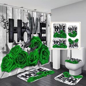 4pcs green home rose shower curtain sets bathroom set decor with non-slip rugs bath u-shaped mat toilet lid cover modern waterproof bathroom shower curtain sets with 12 hooks, 70.8×70.8