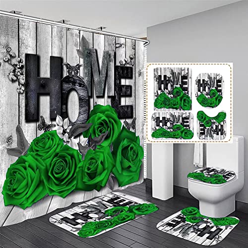 4Pcs Green Home Rose Shower Curtain Sets Bathroom Set Decor with Non-Slip Rugs Bath U-Shaped Mat Toilet Lid Cover Modern Waterproof Bathroom Shower Curtain Sets with 12 Hooks, 70.8×70.8